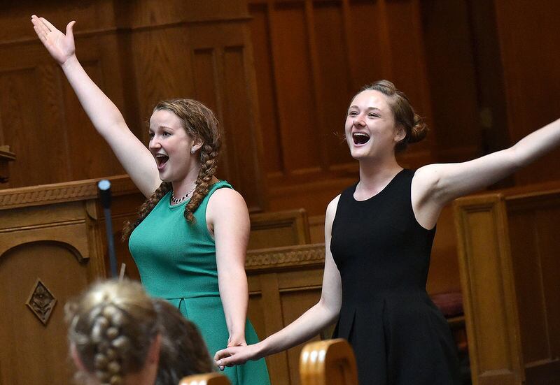 Megan Koch (left), soprano, and Mary Bond, alto, perform Bruederchen komm tans' mit mir from Hansel and Gretel, an opera by Engelbert Humperdinck, Tuesday night during the Poco a Poco Faculty Recital at Park Presbyterian Church in Streator. The inaugural summer music fest led by Streator native Kate Tombaugh continues through Sunday, June 18. Three free performances remain: a student showcase from 7 to 8 p.m. Thursday, June 15, at Park Presbyterian Church. A community concert from 3 to 4 p.m. Saturday, June 17, at Plumb Pavilion in City Park; and a one-woman show from 2 to 4 p.m. Sunday, June 18, at Park Place Conference Center, 406 E. Hickory St. The musical was written and will be performed by Tombaugh, with piano accompaniment by Nancy Pounds.